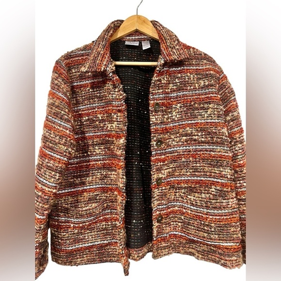 Chicos Vintage Tapestry Style Orange Jacket Striped Blazer Like Textured Size 1 - Picture 2 of 6
